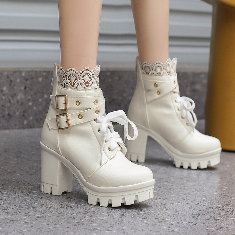 Lace Ankle Boots Lace-up Square Heeled Shoes Women White Black Boots