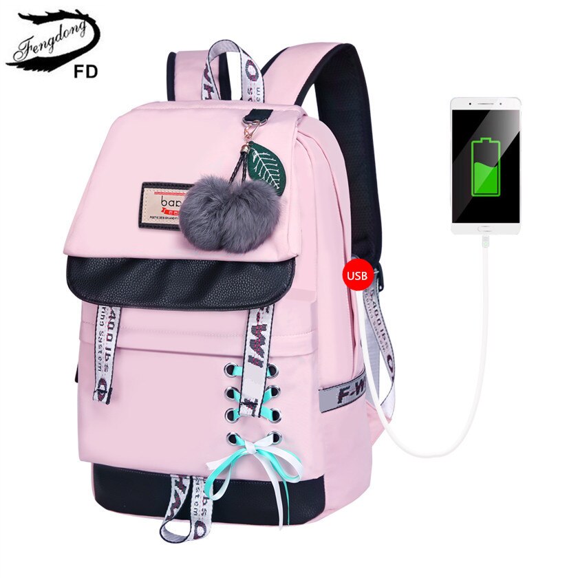 Fengdong fashion black pink waterproof nylon school backpack for girls