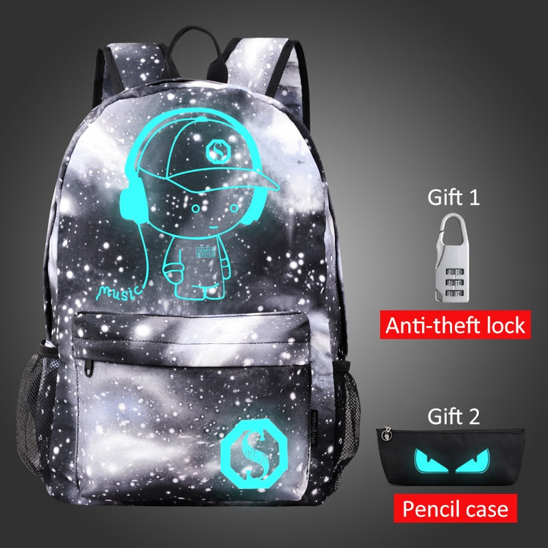 Luminous USB Charging Backpack Anime Boy Girl School