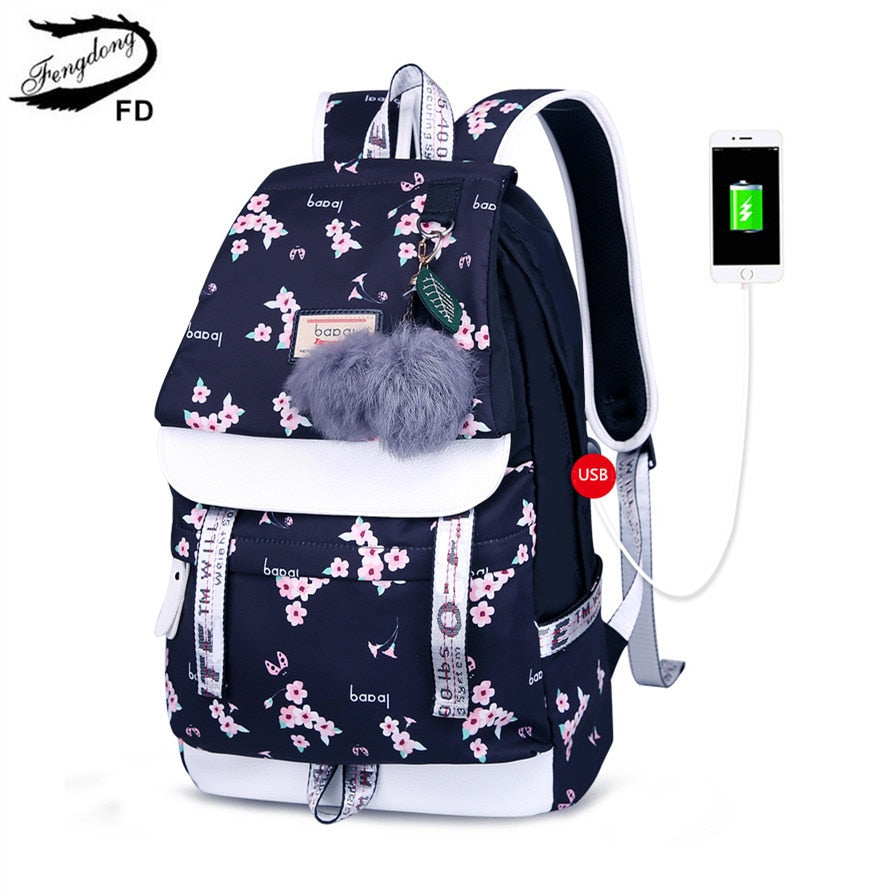 Fengdong fashion black pink waterproof nylon school backpack for girls